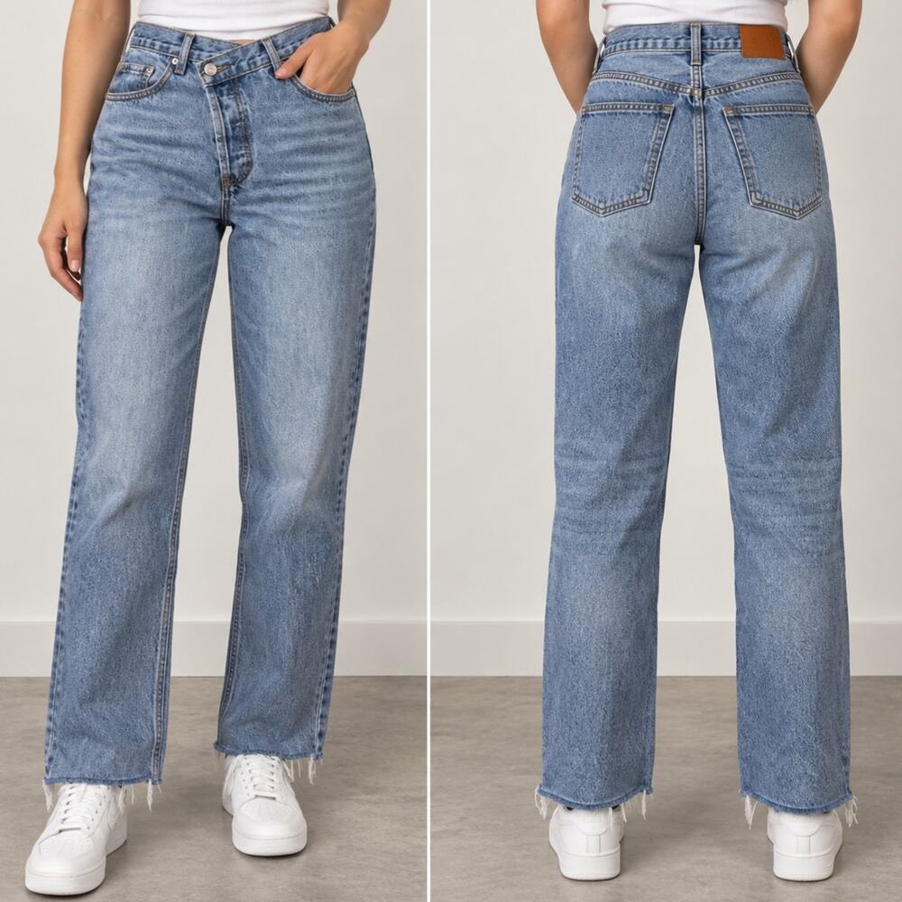 Princess Polly High Waist Straight Leg Jeans Size 6 Blue Denim Raw Hem 30W